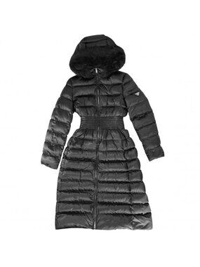 Prada Down Jacket Long Coat Hooded Fur Gathered 38